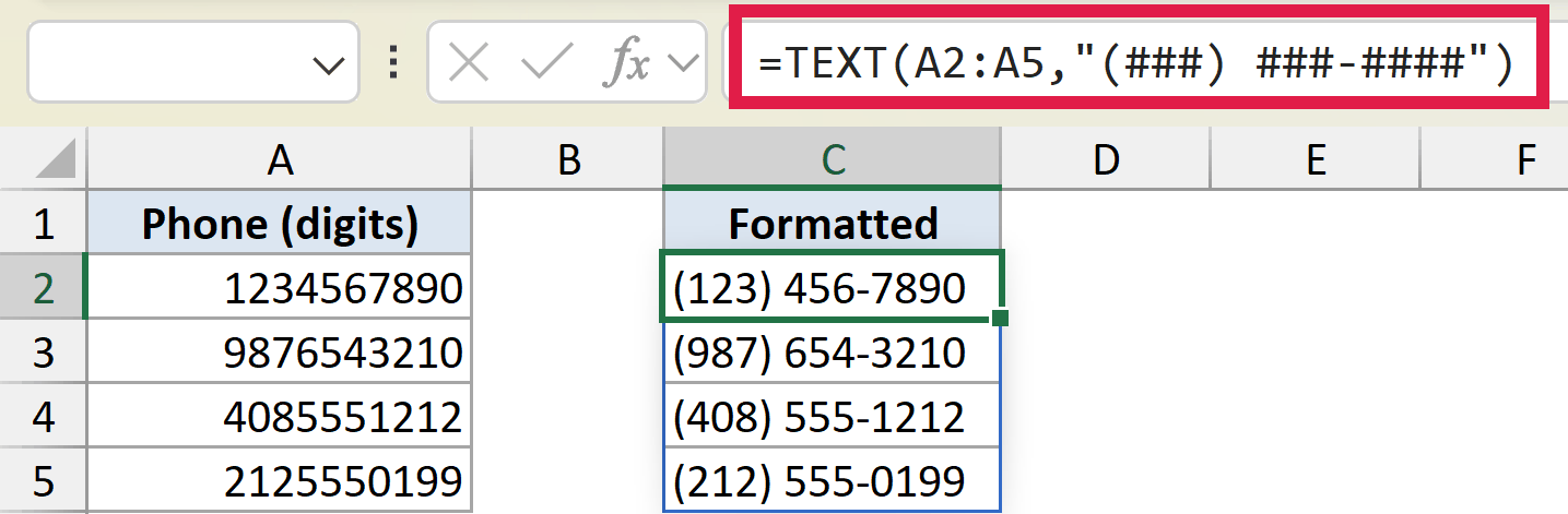 Excel formula =TEXT(A2:A5,