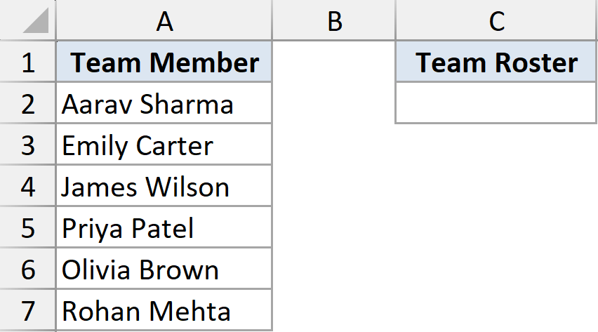 Excel dataset for TEXTJOIN example 1 with a list of team members in column A and an empty Team Roster cell in column C