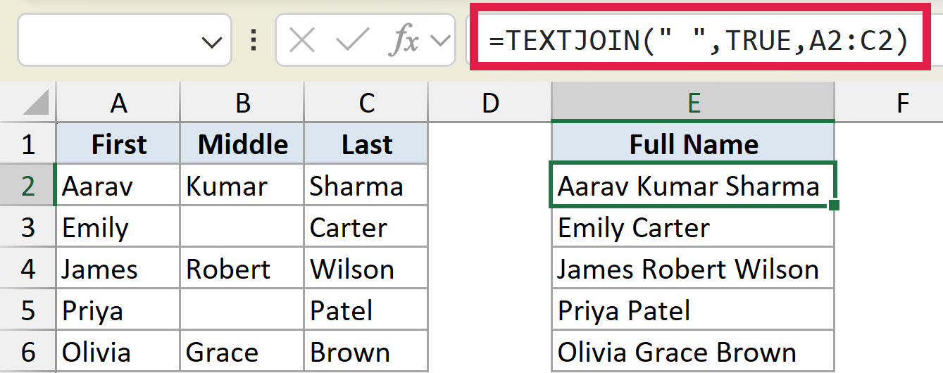 Excel formula bar showing =TEXTJOIN(