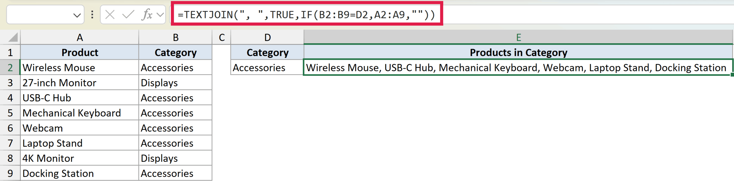Excel formula bar showing TEXTJOIN with IF function to list all products for the Accessories category