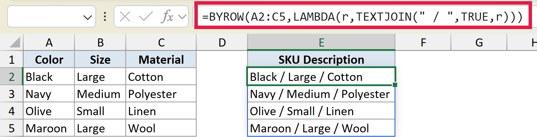 Excel formula using BYROW and TEXTJOIN to combine row data into SKU descriptions separated by slashes
