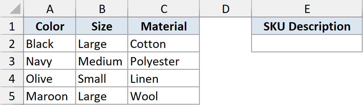 Excel dataset for TEXTJOIN example 5 showing columns for Color, Size, Material, and an empty SKU Description column