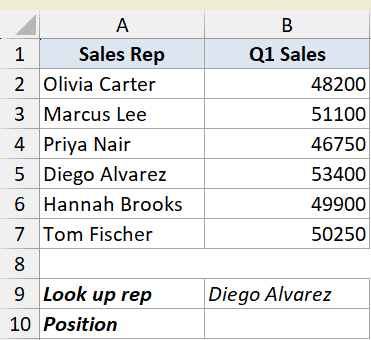 XMATCH example 1 dataset showing a sales rep table with names and Q1 sales, plus fields to look up a rep's position