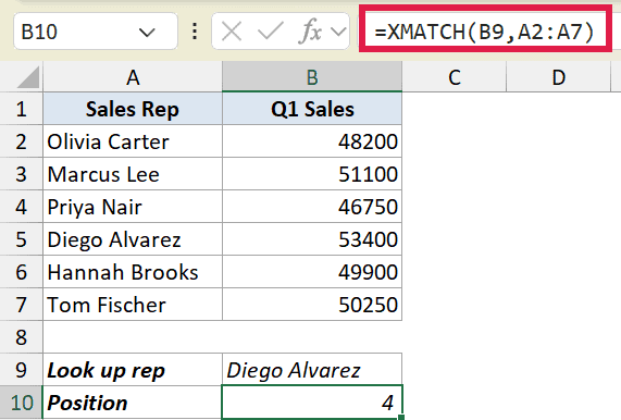 Excel formula bar showing XMATCH function to find the position of Diego Alvarez in a sales rep list