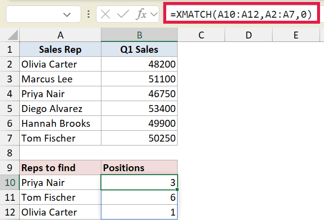 Excel formula bar showing XMATCH function finding multiple positions for sales reps listed in cells A10 through A12