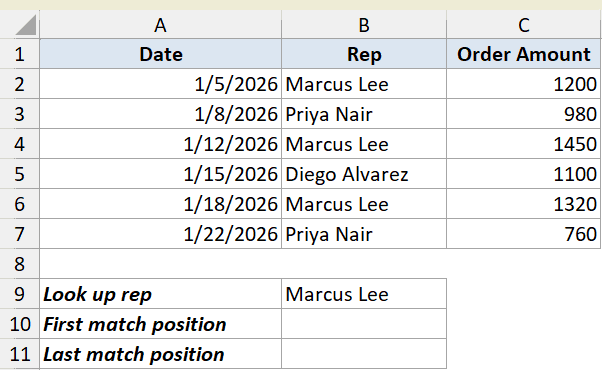 xmatch example 3 dataset showing a sales table with dates, reps, and order amounts to find first and last match positions