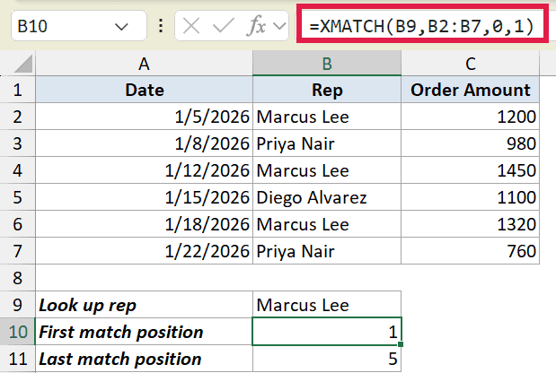 Excel formula bar showing XMATCH function to find the first occurrence of Marcus Lee in cells B2 through B7