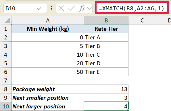 Excel formula =XMATCH(B8,A2:A6,1) finding the position of the next larger value for a package weight of 13