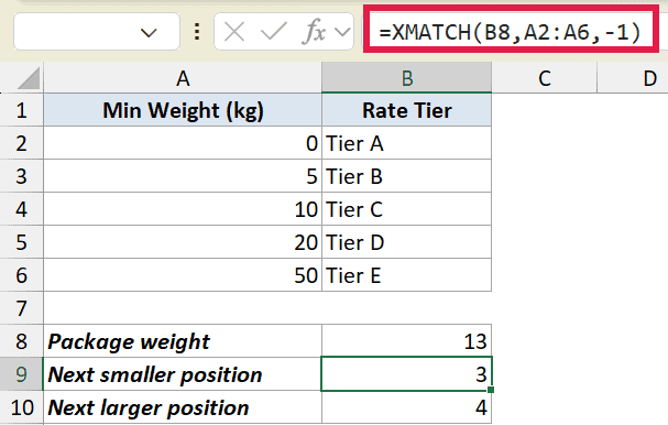 Excel formula =XMATCH(B8,A2:A6,-1) finding the next smaller position for a package weight of 13 in a rate tier table