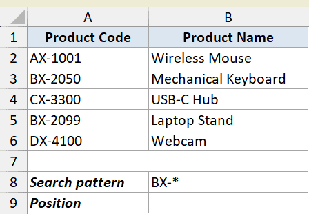 XMATCH example 5 dataset showing product codes and names in Excel with a wildcard search pattern BX-* in cell B8