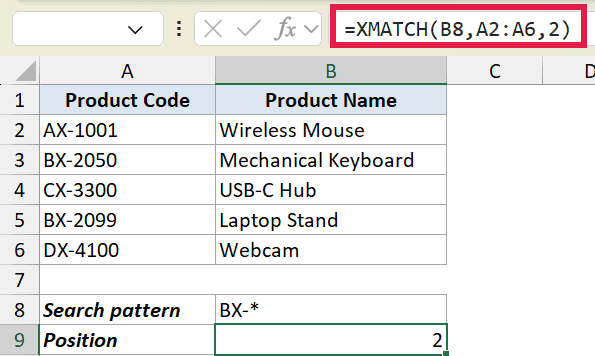 Excel formula bar showing XMATCH function with wildcard search pattern BX-* returning position 2 for product codes