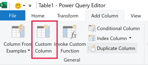 Power Query Editor Add Column tab with the Custom Column button highlighted by a red box