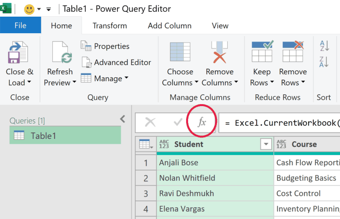 Power Query Editor formula bar with a red circle highlighting the fx icon to insert a new step