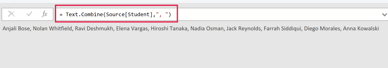 Power Query formula bar showing Text.Combine function with a red border and resulting comma-separated student list