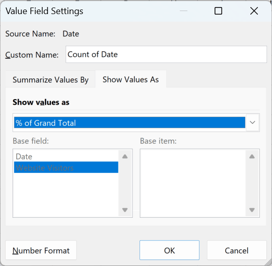 Value Field Settings dialog showing % of Grand Total selected in the Show Values As dropdown menu