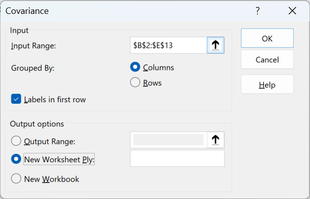Covariance dialog box with Input Range set to $B$2:$E$13, Columns selected, and Labels in first row checked