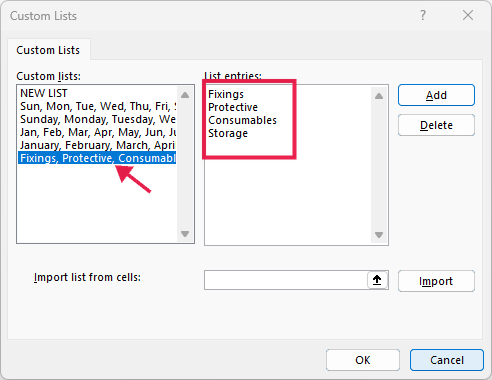 Custom Lists dialog box in Excel showing a selected custom list with its entries highlighted in the List entries box