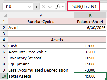 =SUM(B5:B9) in cell B10 returning 49000, with the negative depreciation subtracted inside the same total