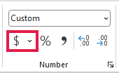 The Accounting Number Format button in the Number group on the Home tab