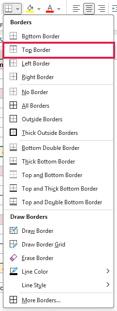 The Borders drop-down open on the Home tab with Top Border highlighted