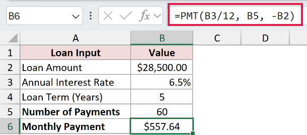 =PMT(B3/12, B5, -B2) in cell B6 returning a monthly payment of $557.64