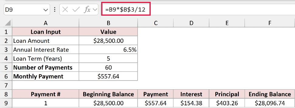=B9*$B$3/12 in cell D9 giving $154.38 of interest for the first month