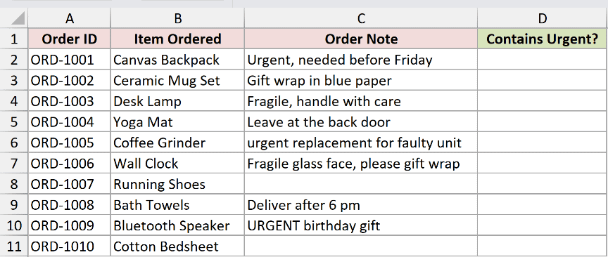 Excel dataset showing Order ID, Item, and Order Note columns, with a blank Contains Urgent column for testing formulas