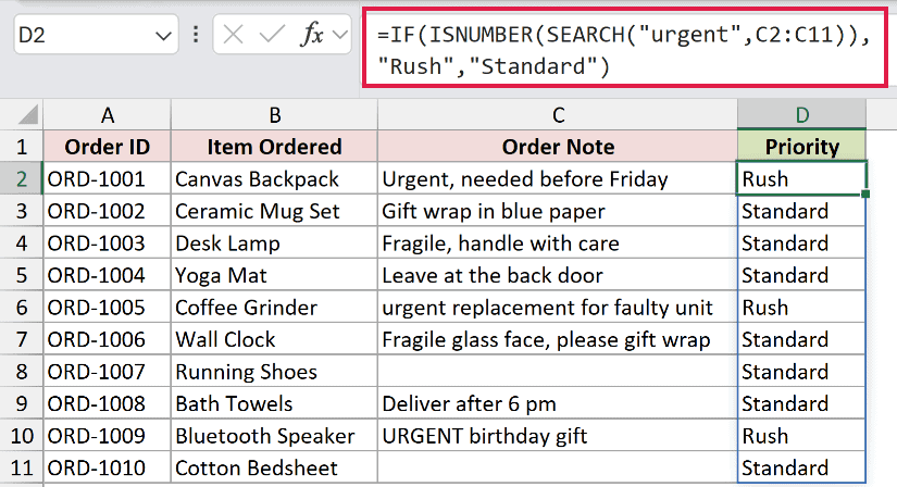 Excel formula using IF, ISNUMBER, and SEARCH to label orders as Rush or Standard based on text in the Order Note column