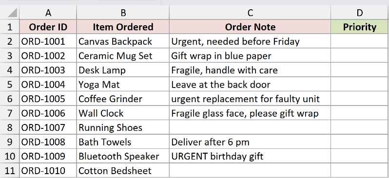 Excel dataset with Order ID, Item Ordered, and Order Note columns, showing various text entries for checking cells