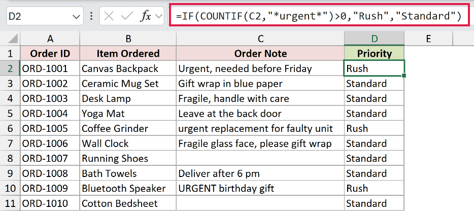 Excel formula using COUNTIF with wildcards in the formula bar to categorize order priority based on Order Note text