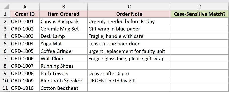 Excel dataset showing Order ID, Item Ordered, and Order Note columns to demonstrate case-sensitive text matching methods