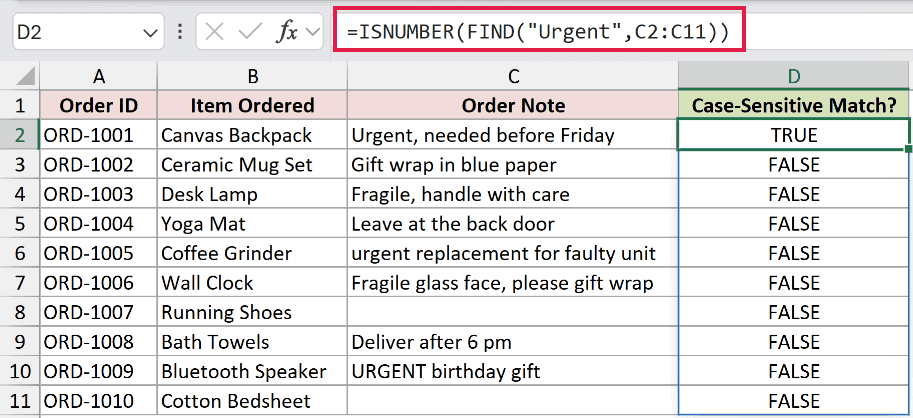 Excel formula bar showing ISNUMBER(FIND("Urgent",C2:C11)) to perform a case-sensitive text check in column D