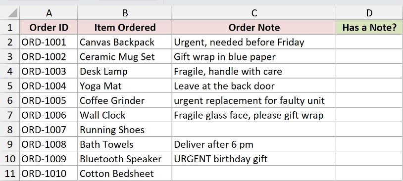 Excel dataset showing Order ID, Item Ordered, and Order Note columns, with an empty Has a Note column for formula testing