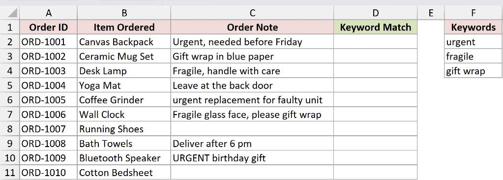 Excel dataset showing Order ID, Item, and Order Note columns alongside a list of keywords to check for text matches