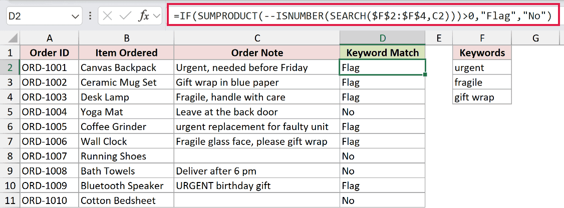 Excel formula bar showing SUMPRODUCT and SEARCH to check Order Note column C against keywords in column F