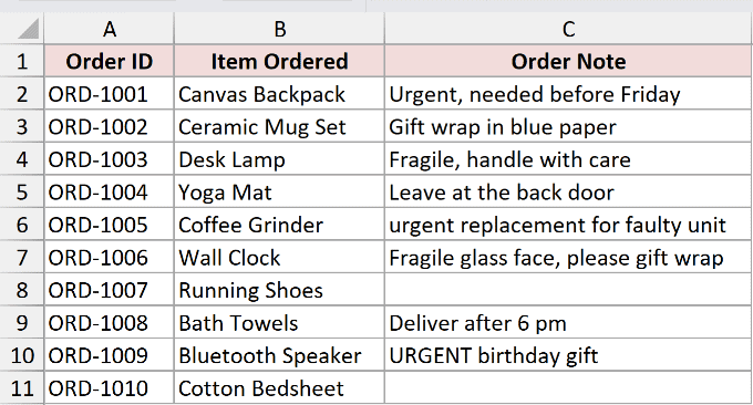 Excel dataset showing Order ID, Item Ordered, and Order Note columns for checking text in cells