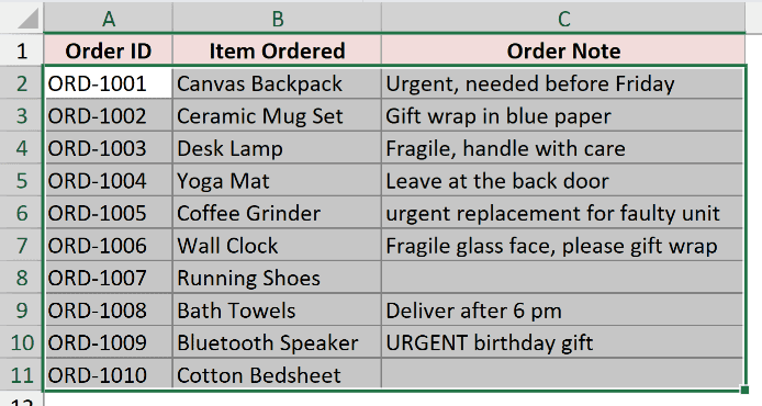 Excel dataset with Order ID, Item Ordered, and Order Note columns selected from cell A1 to C11