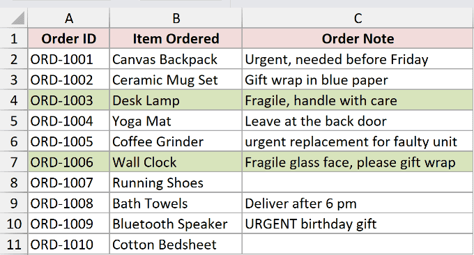 Excel rows 4 and 7 highlighted in green after applying a formula to check for the text Fragile in the Order Note column
