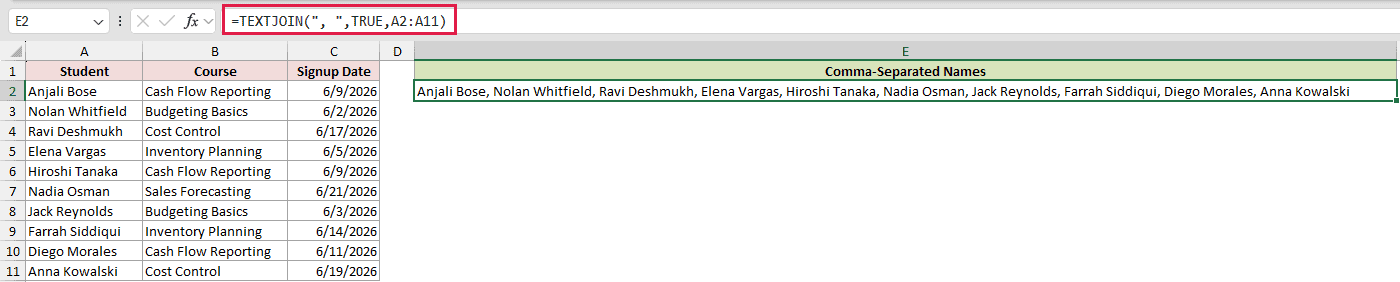 =TEXTJOIN(", ",TRUE,A2:A11) in cell E2, returning every student name as one comma-separated string