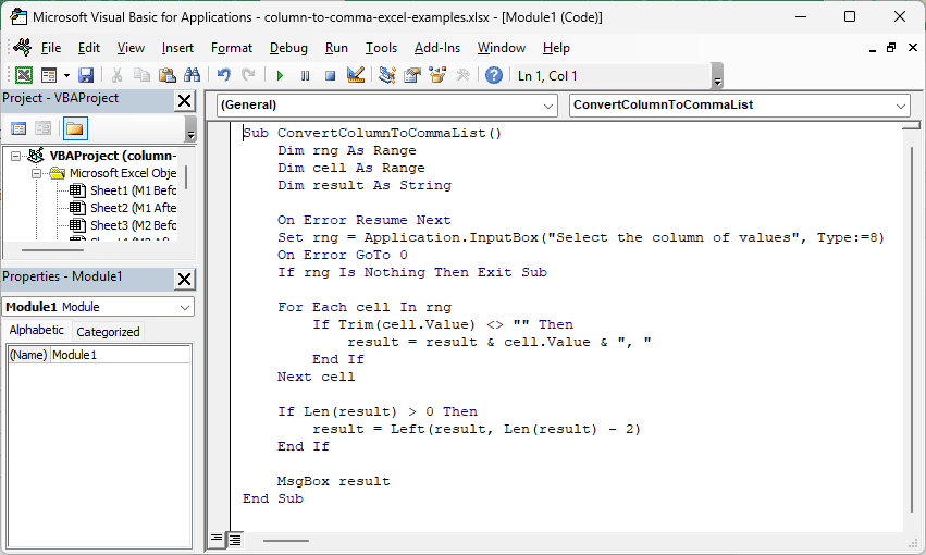 The ConvertColumnToCommaList macro pasted into a new module in the VBA editor