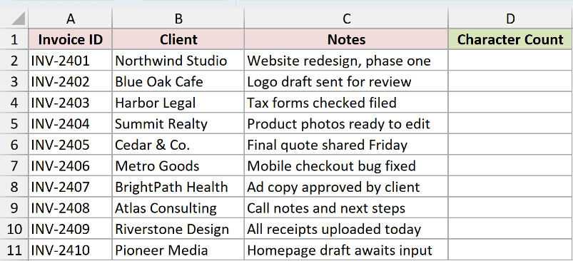 Freelance invoice list with the note text in column C and an empty Character Count column in D