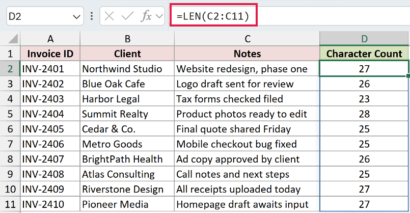 =LEN(C2:C11) entered once in D2 spills a character count down column D, starting at 27 for the first note