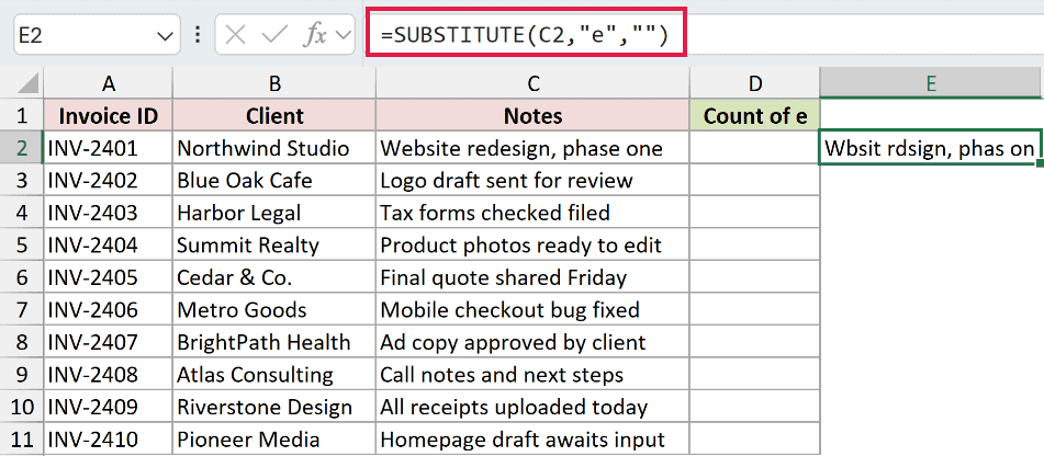 SUBSTITUTE on its own strips every e from the note in C2, turning Website redesign, phase one into Wbsit rdsign, phas on