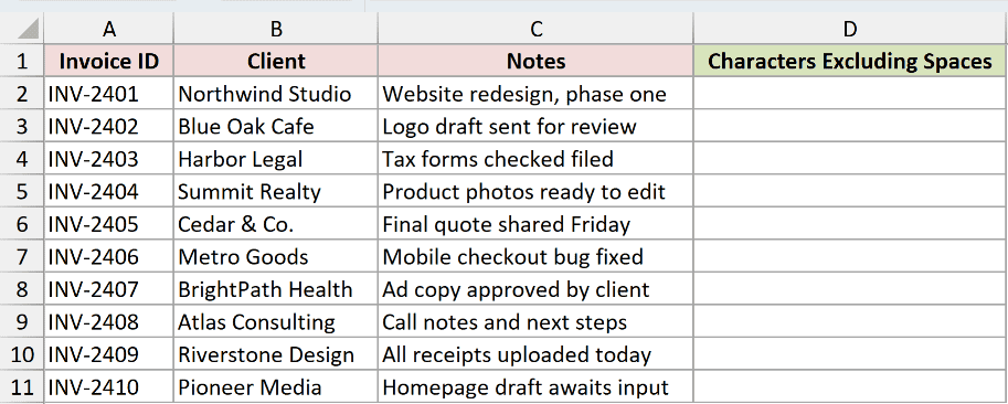 The invoice notes with an empty Characters Excluding Spaces column in D