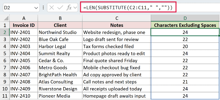 =LEN(SUBSTITUTE(C2:C11," ","")) spills a space-free character count down column D, returning 24 for the first note