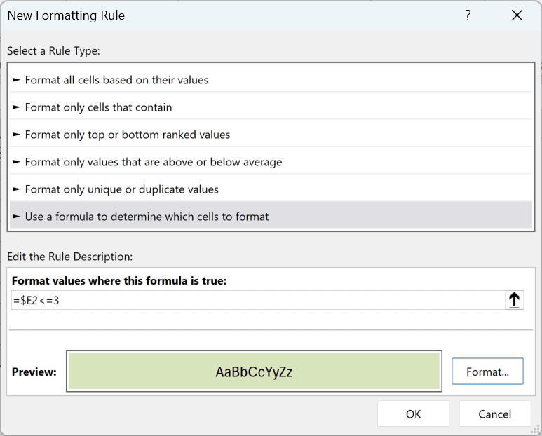 The New Formatting Rule dialog box in Excel with the formula =$E2<=3 entered to highlight rows.