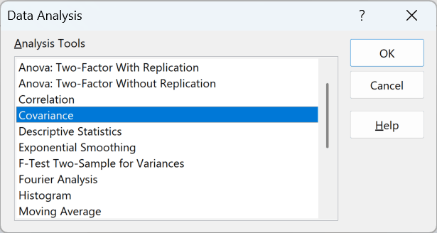 Excel Data Analysis dialog box with Covariance selected in the Analysis Tools list and buttons for OK, Cancel, and Help