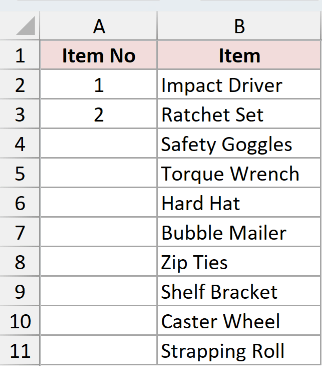 Item numbers 1 and 2 typed into the first two cells to establish the step