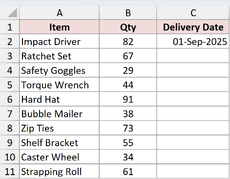 A single start date of 01-Sep-2025 in the Delivery Date column, with the rest empty
