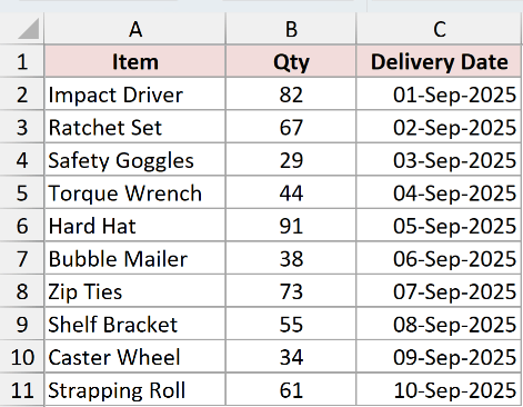 The date series filled one day at a time from 01-Sep-2025 down to 10-Sep-2025